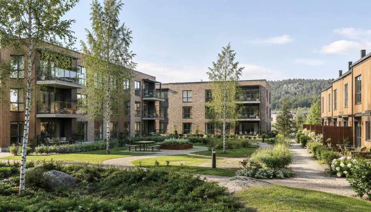 Moderne norsk borettslag med boligblokker og rekkehus