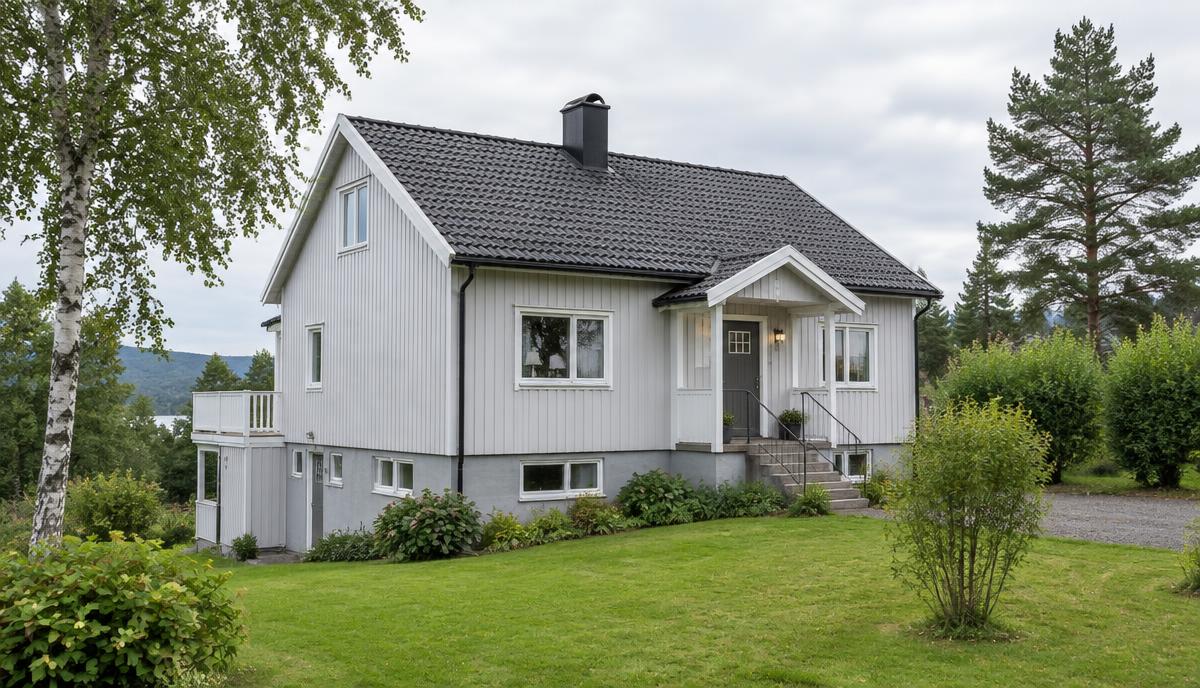 Norsk enebolig på Østlandet med synlig sokkel og kjeller
